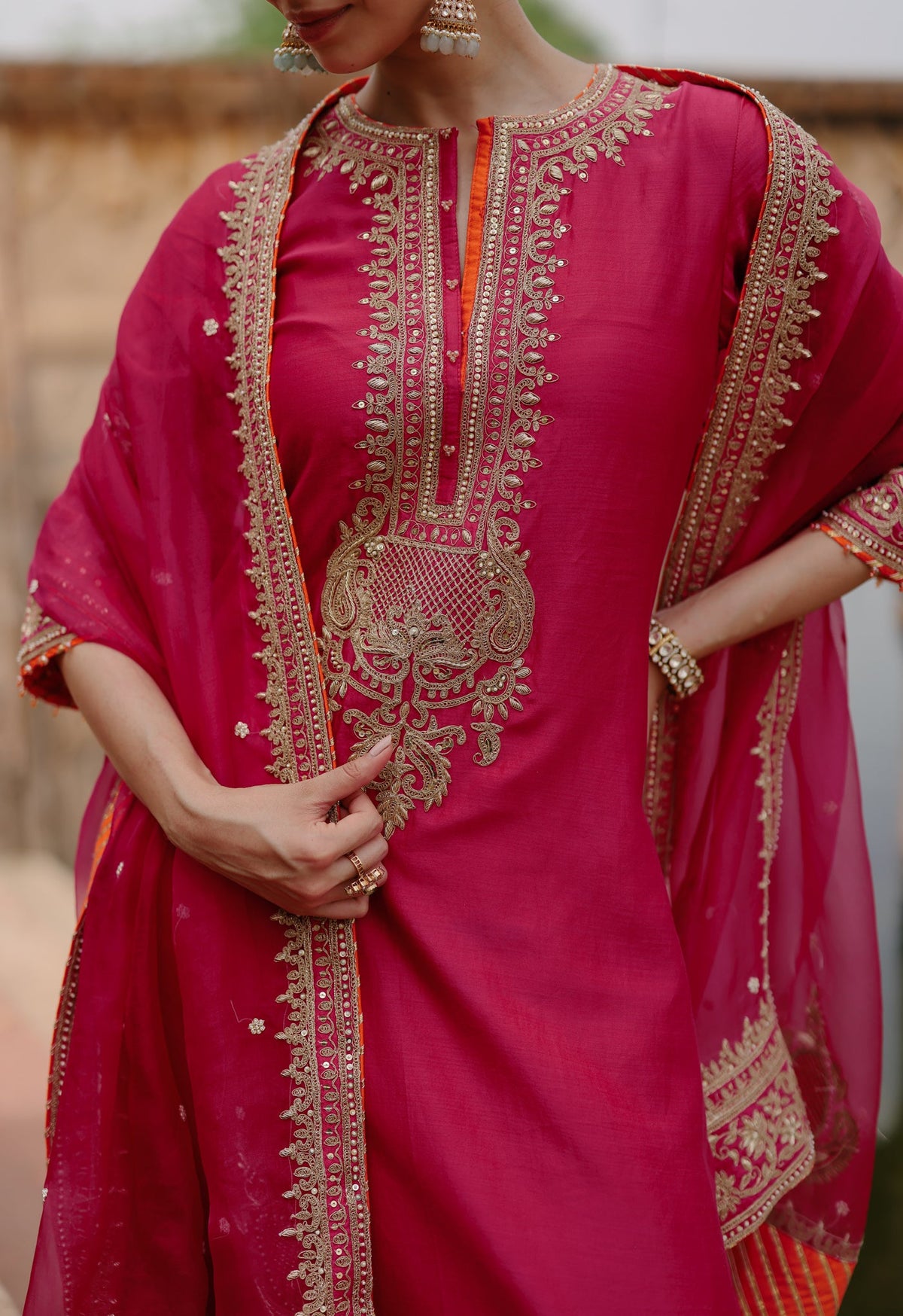 Arwa - Rani Hot Pink Long Kurta Set with Salwar & Dupatta