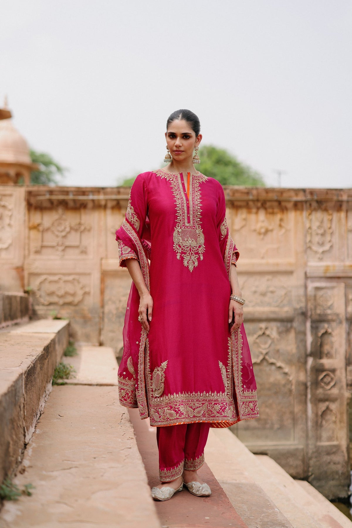 Arwa - Rani Hot Pink Long Kurta Set with Salwar & Dupatta