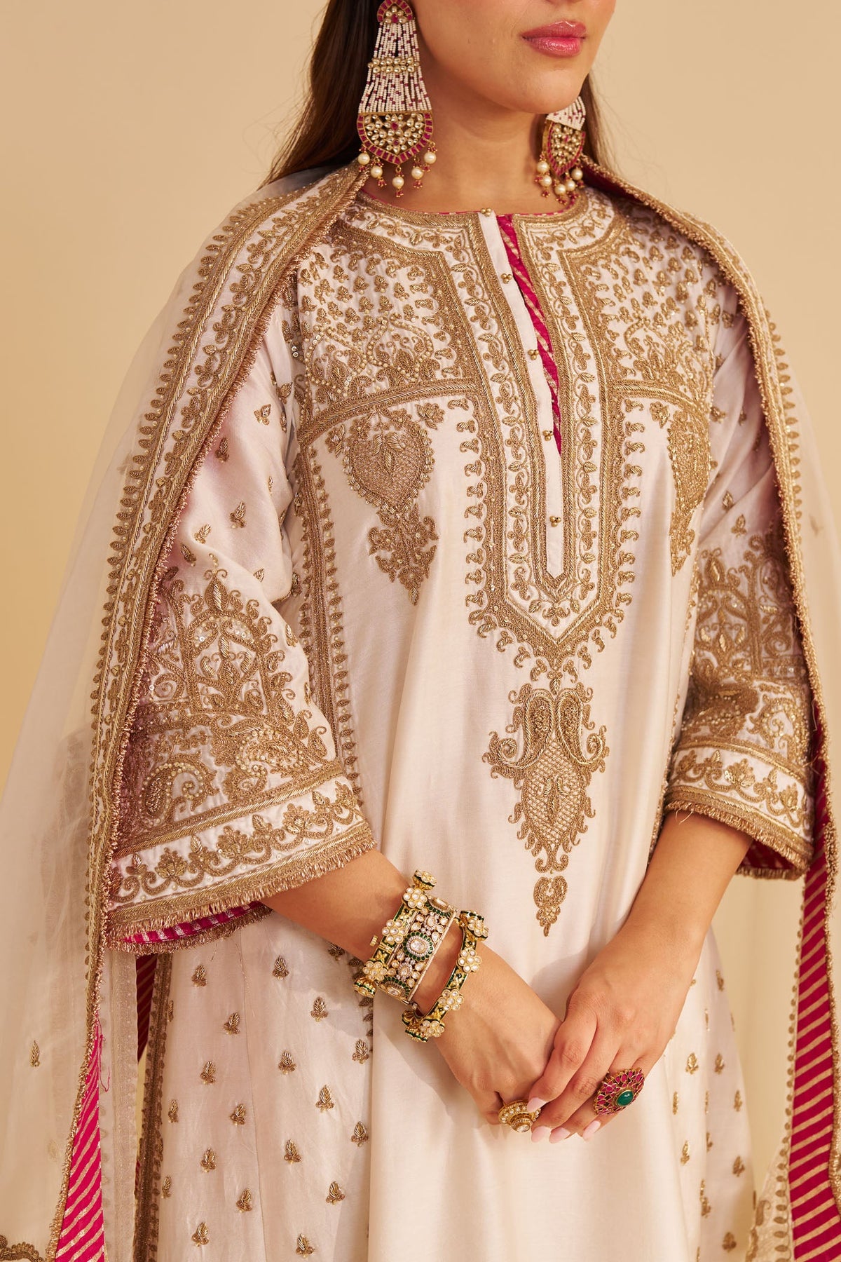 Zoya - Dabka Zardozi Embroidered Rich Banarasi Kalidaar Daisy Ivory Long Chauga Set (LXRTS)