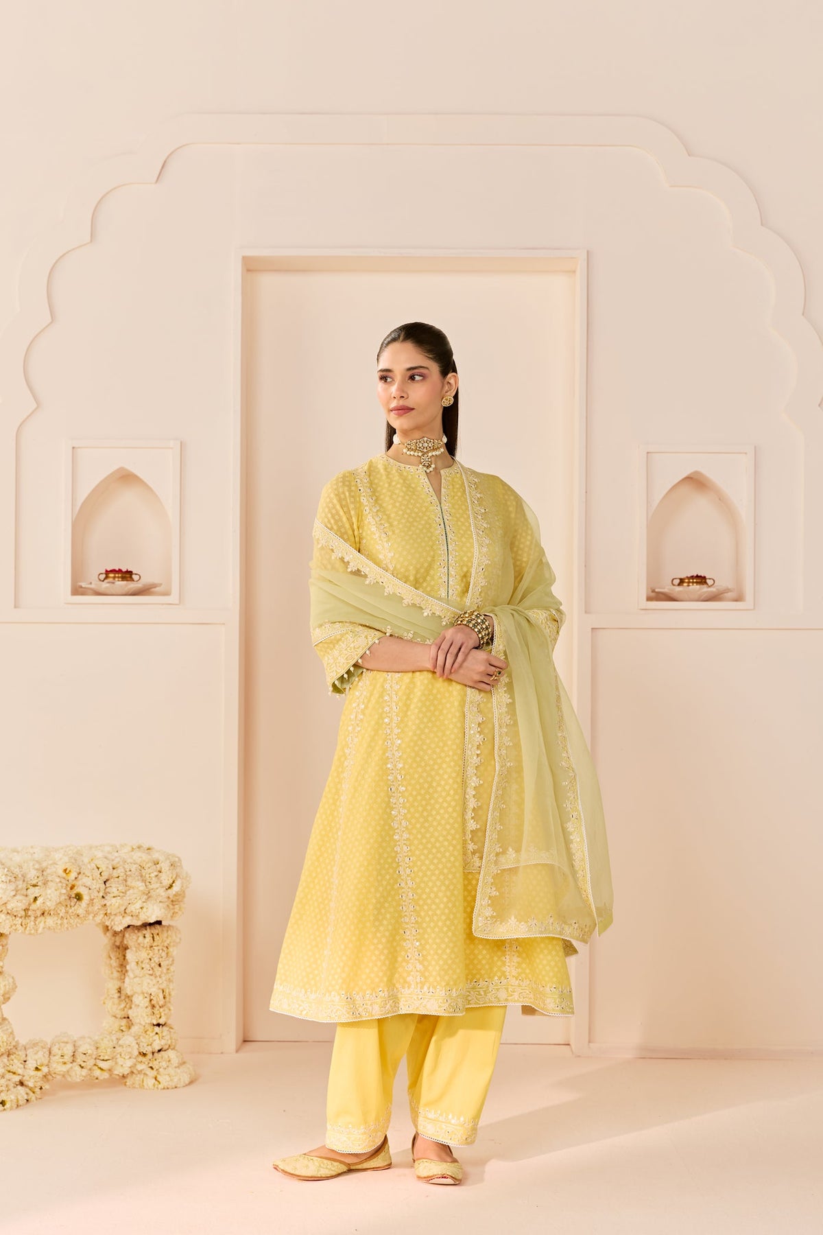 Firdaus -Lemon Yellow Long Kalidaar Chauga With Dogri Salwar And Dupatta (LXRTS)