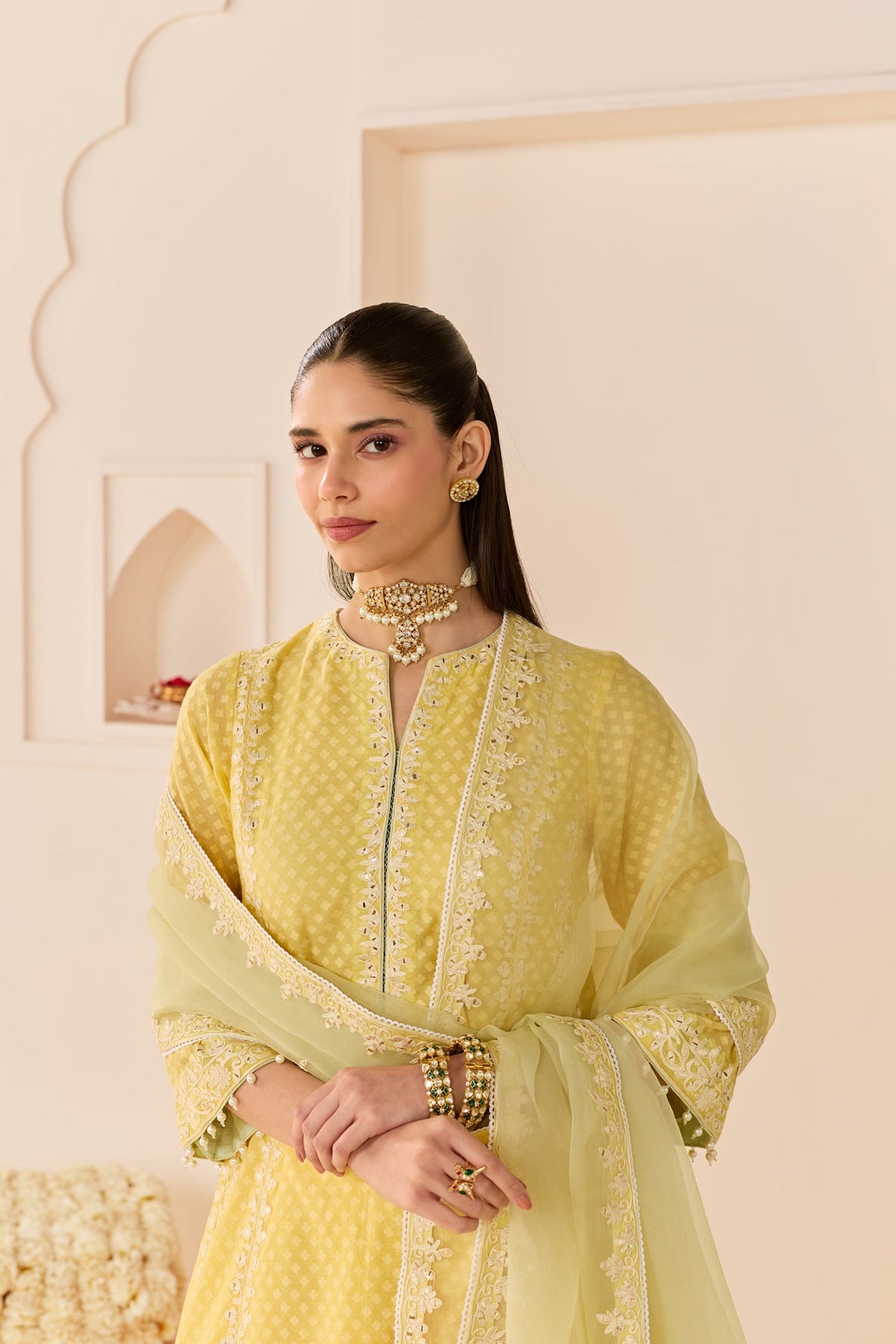 Firdaus -Lemon Yellow Long Kalidaar Chauga With Dogri Salwar And Dupatta (LXRTS)