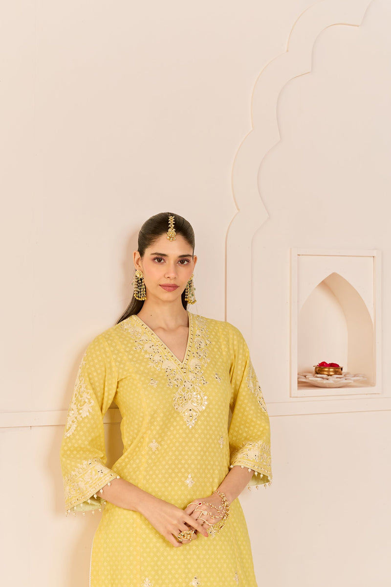 RUHANI - LEMON YELLOW Long kurta with Skirt and Dupatta