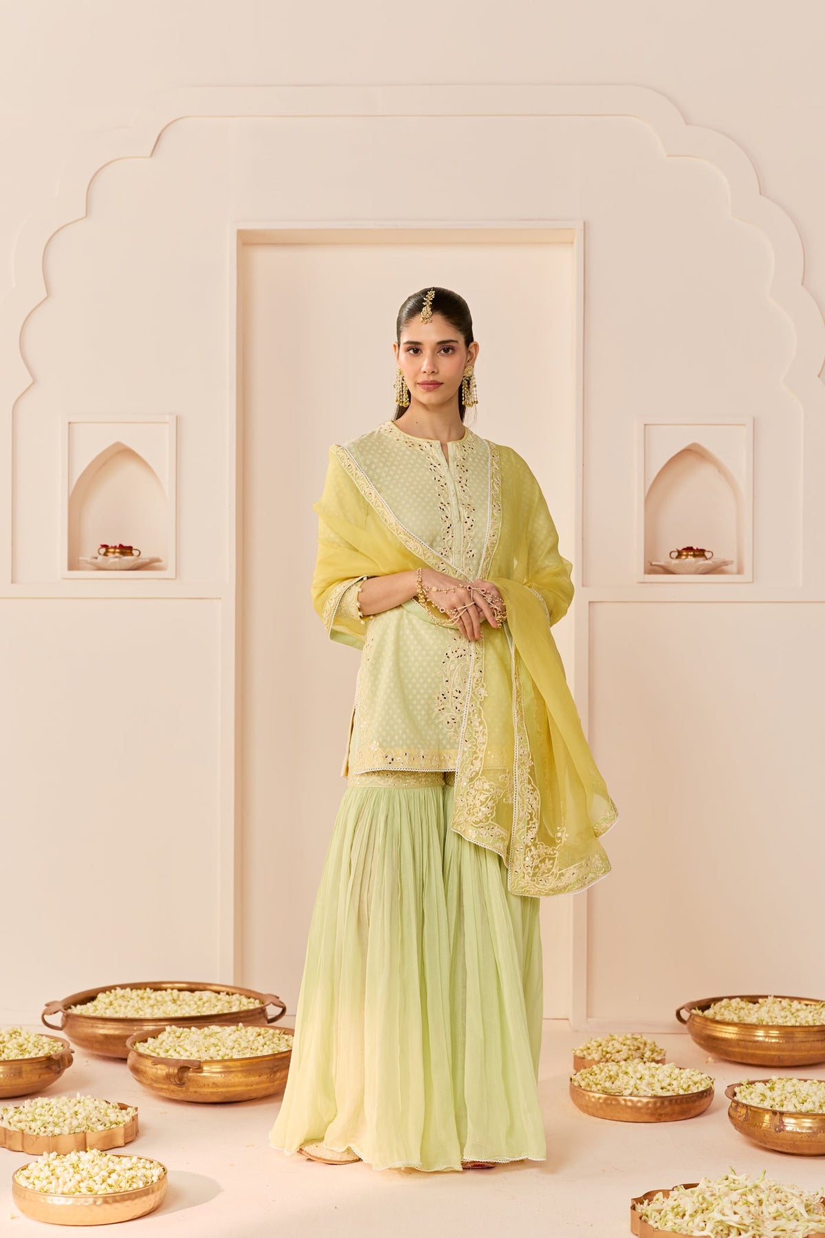 Yasneen - Mint Green Short Kurta With Garara And Dupatta