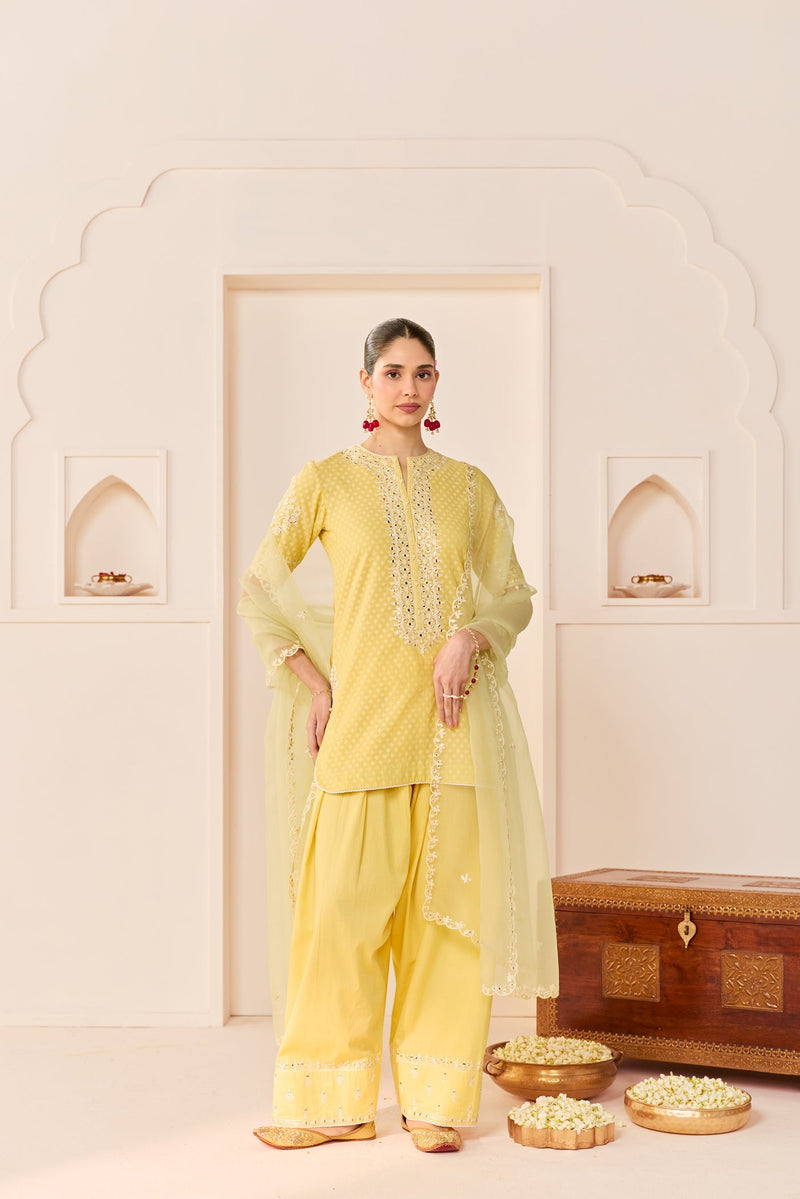 Anaisha - Lemon Yellow Short Kurta With Farshi Salwar