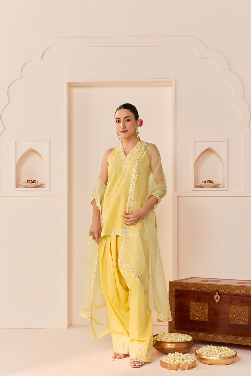 Miral - Lemon Yellow Short Kurta With Farsi Salwar