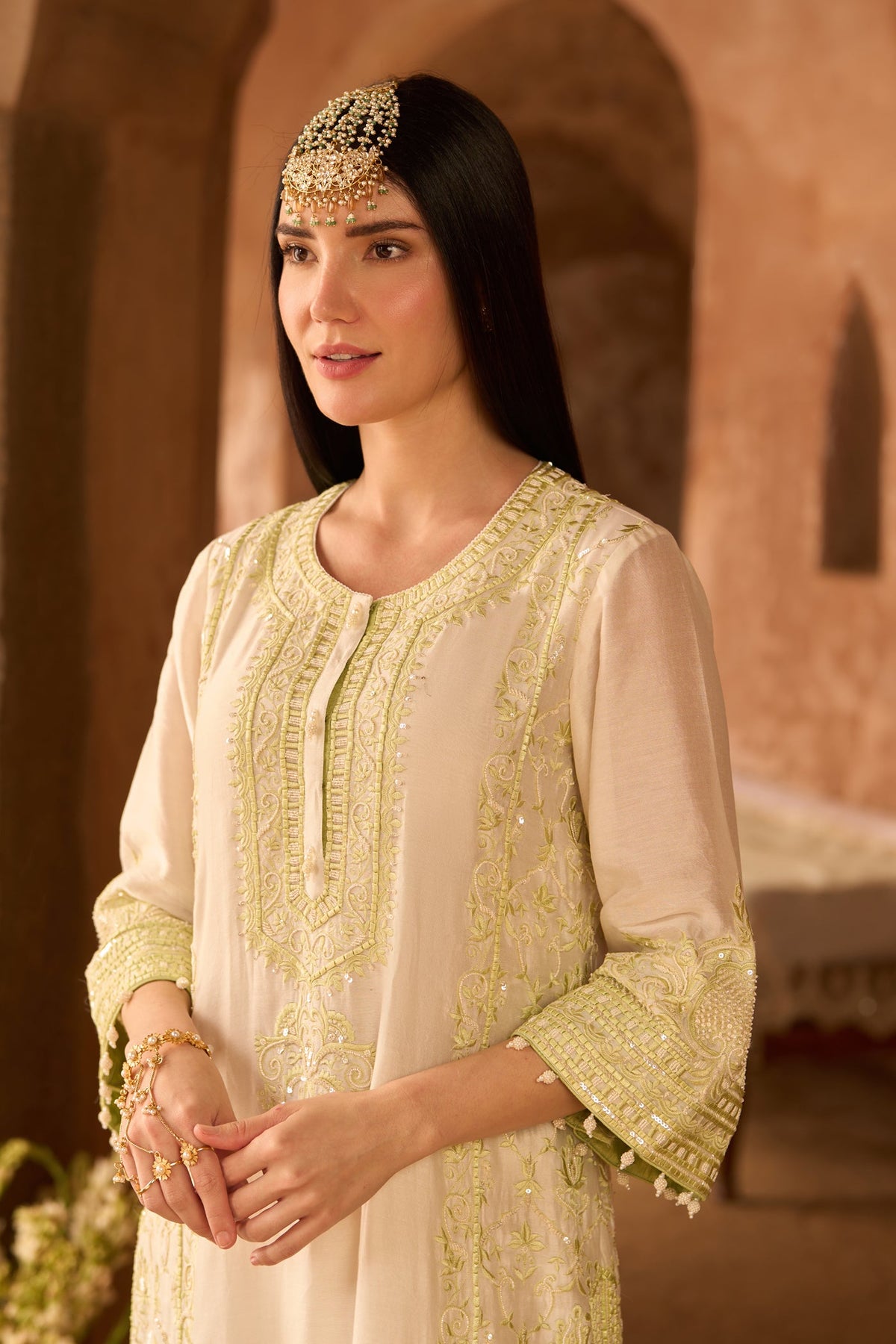 ENA - DAISY IVORY WITH MINT GREEN LONG A-LINE KURTA WITH PALAZZO AND DUPATTA (LXRTS)