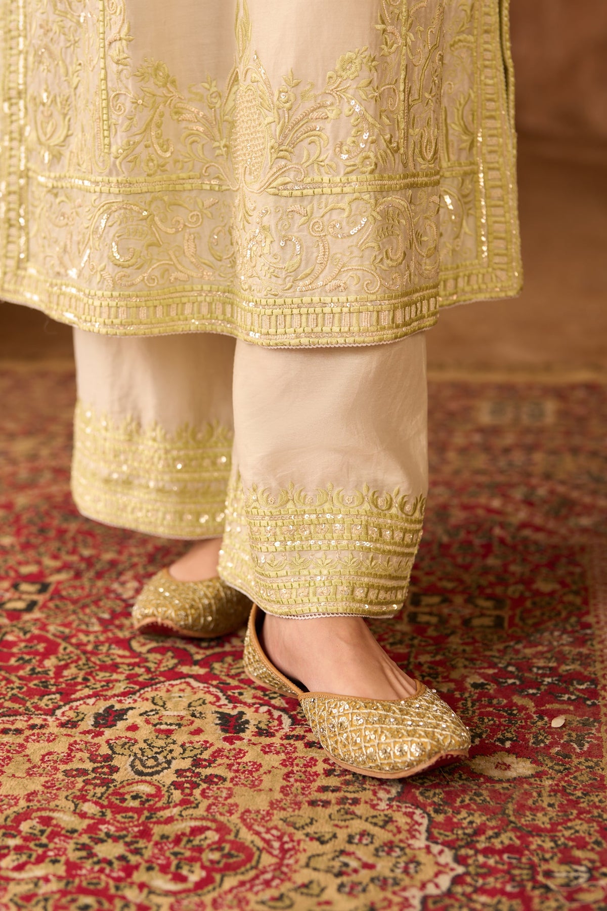 ENA - DAISY IVORY WITH MINT GREEN LONG A-LINE KURTA WITH PALAZZO AND DUPATTA (LXRTS)