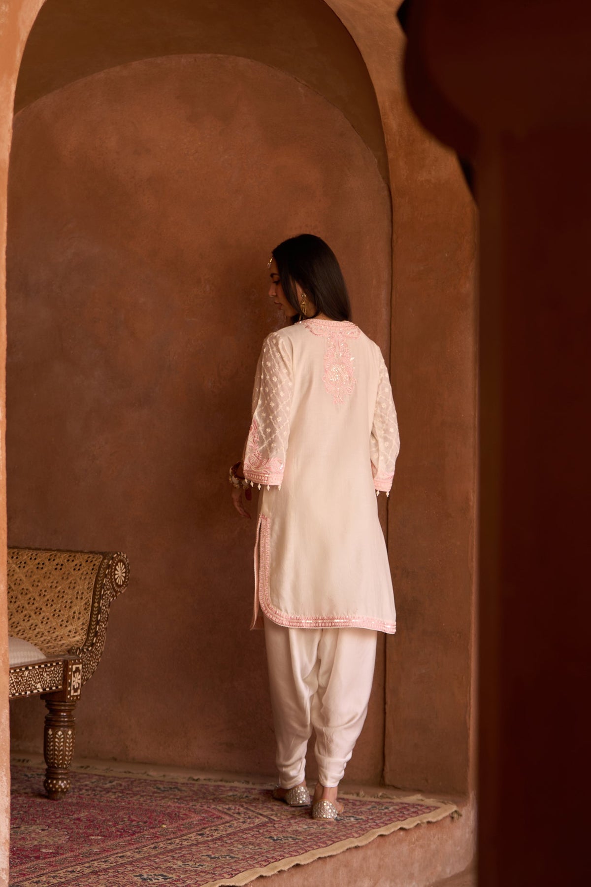 Dipti Dhillon In RUHI - DAISY IVORY WITH PINK SHORT KURTA AND DHOTI