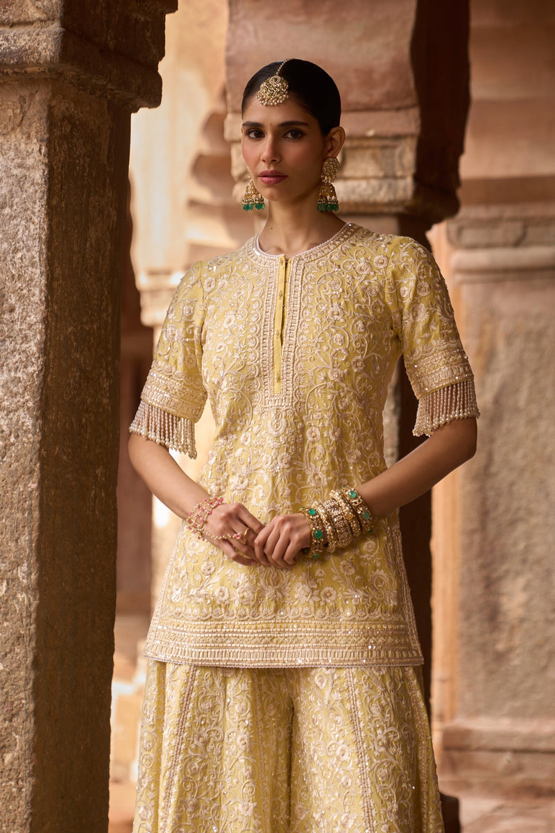 HEER - LEMON YELLOW SHORT KURTA WITH SHARARA AND DUPATTA (LXRTS)