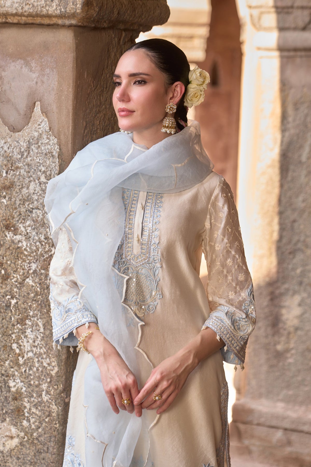 RUHI - DAISY IVORY WITH BLUE SHORT KURTA AND DHOTI (LXRTS)