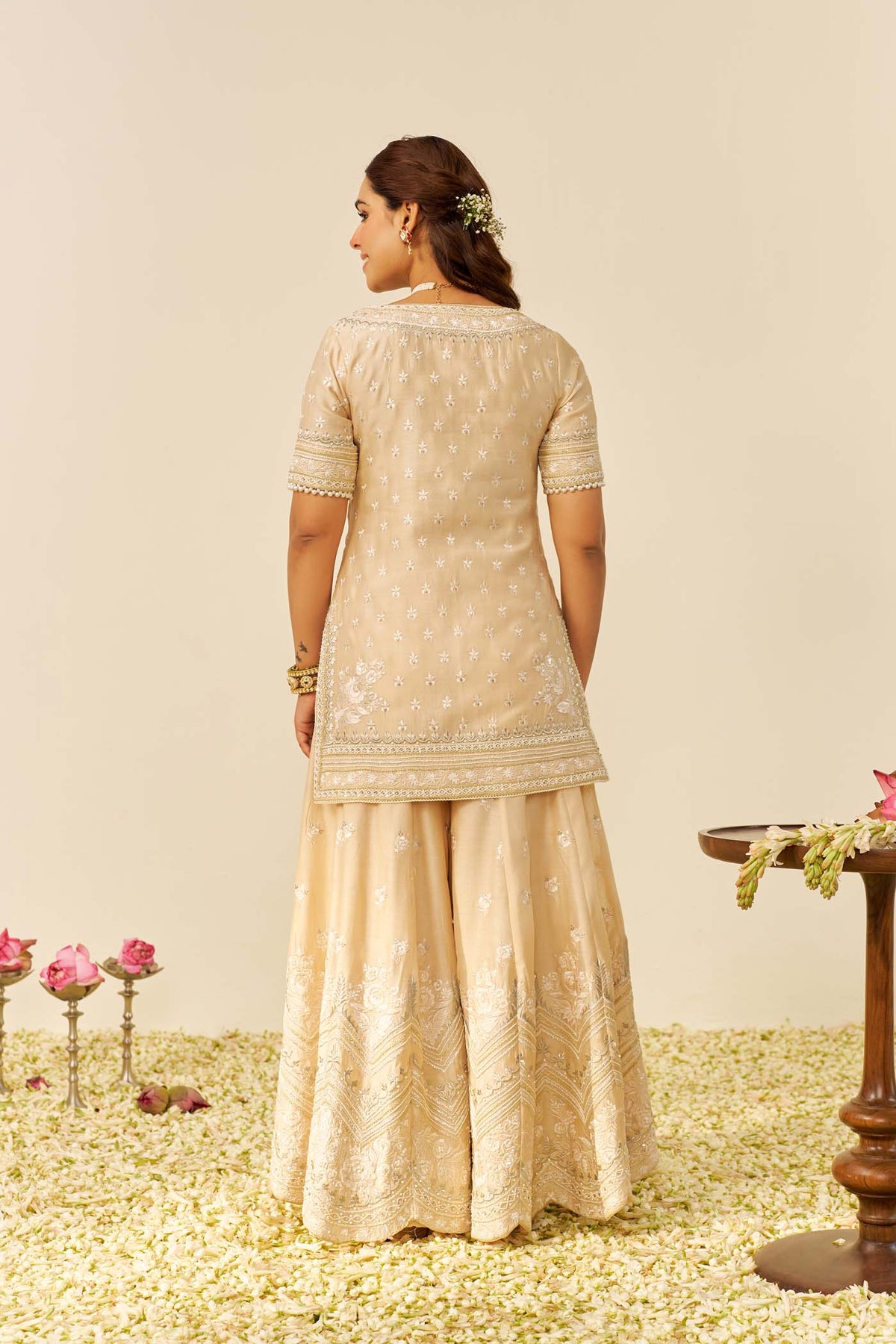 SAMEEHA - Beige SHORT KURTA WITH SHARARA