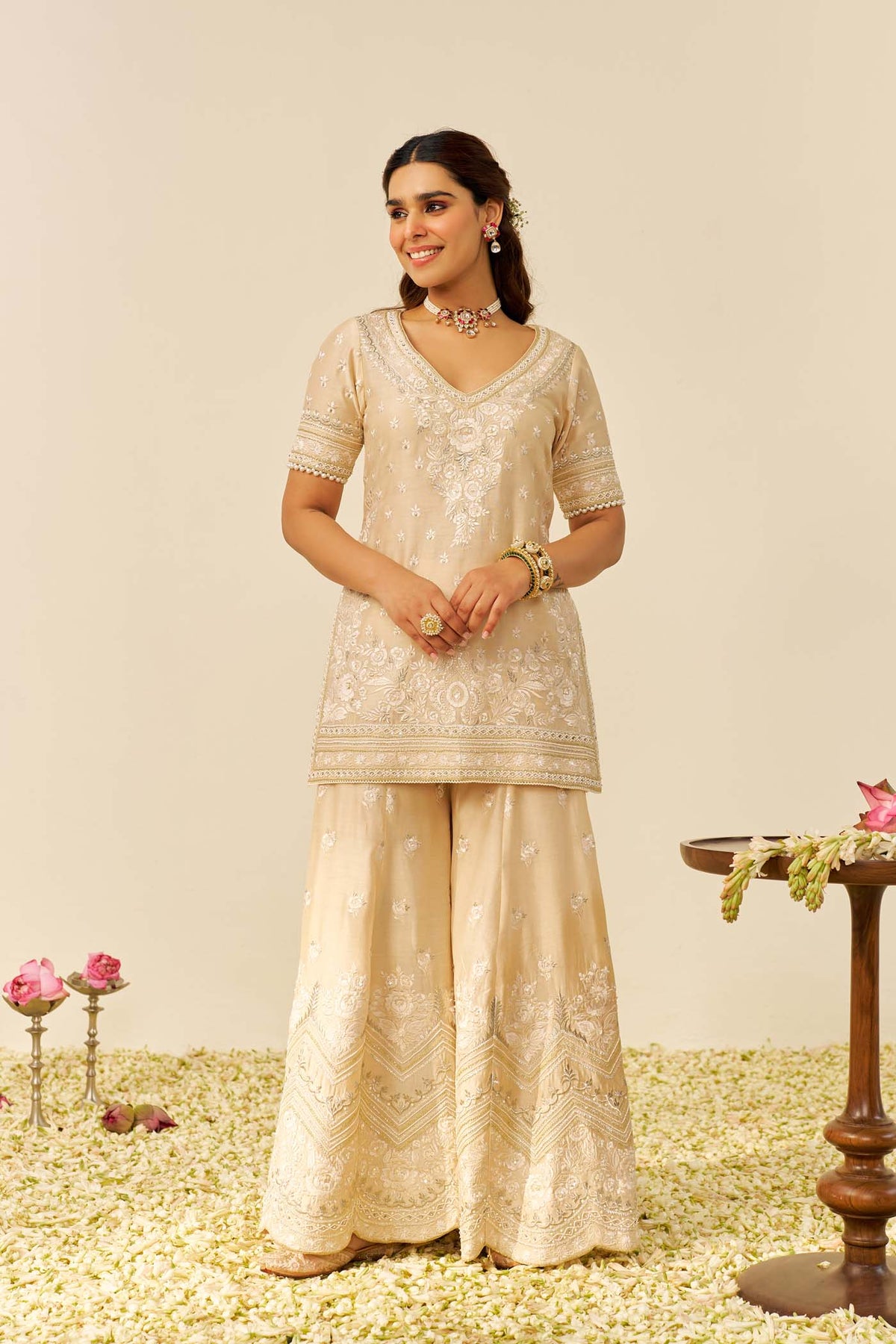 SAMEEHA - Beige SHORT KURTA WITH SHARARA