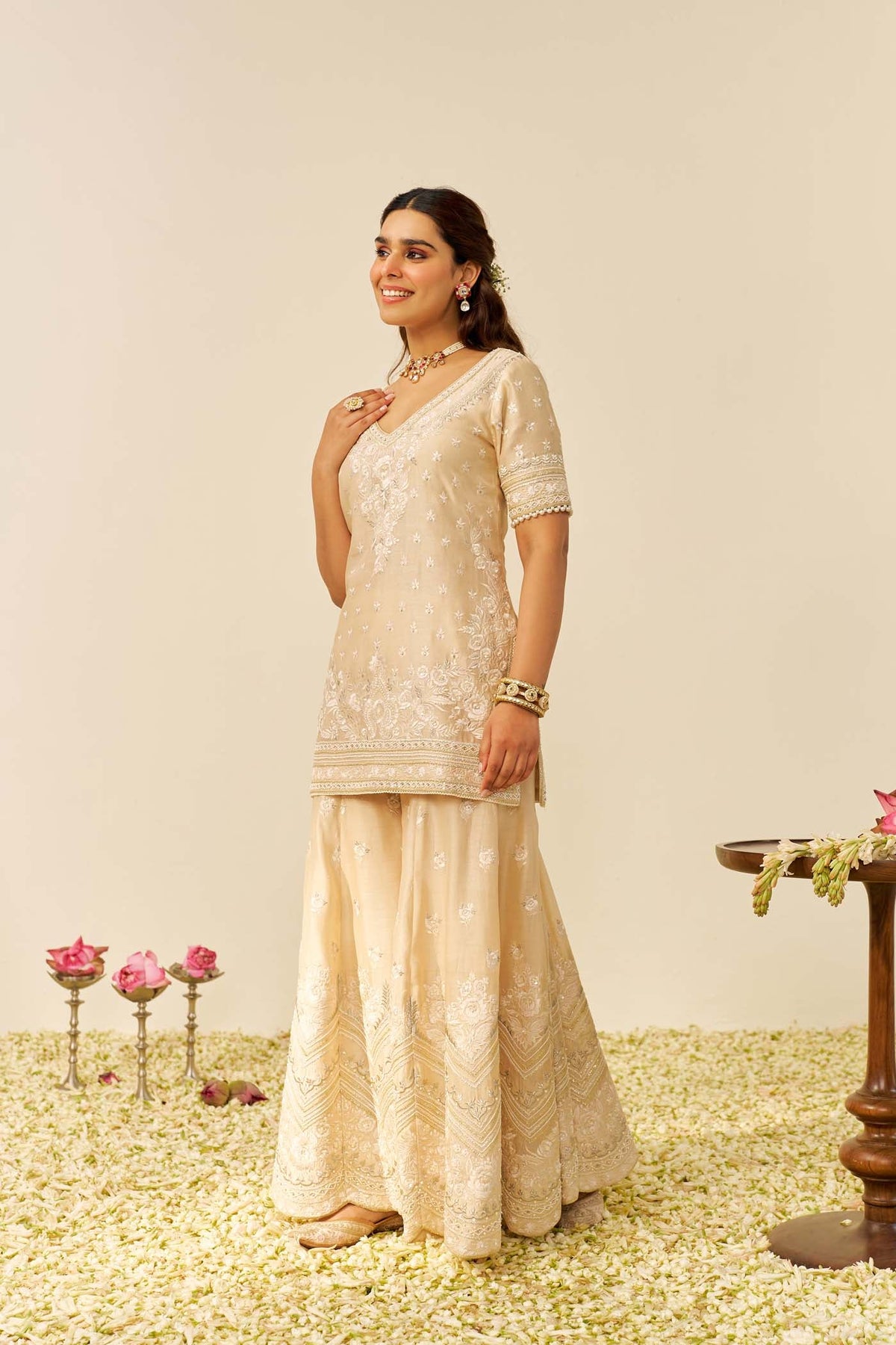 SAMEEHA - Beige SHORT KURTA WITH SHARARA