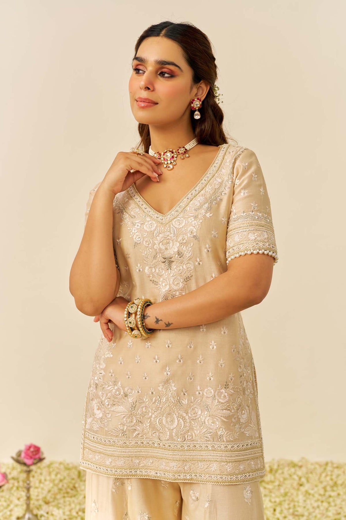 SAMEEHA - Beige SHORT KURTA WITH SHARARA