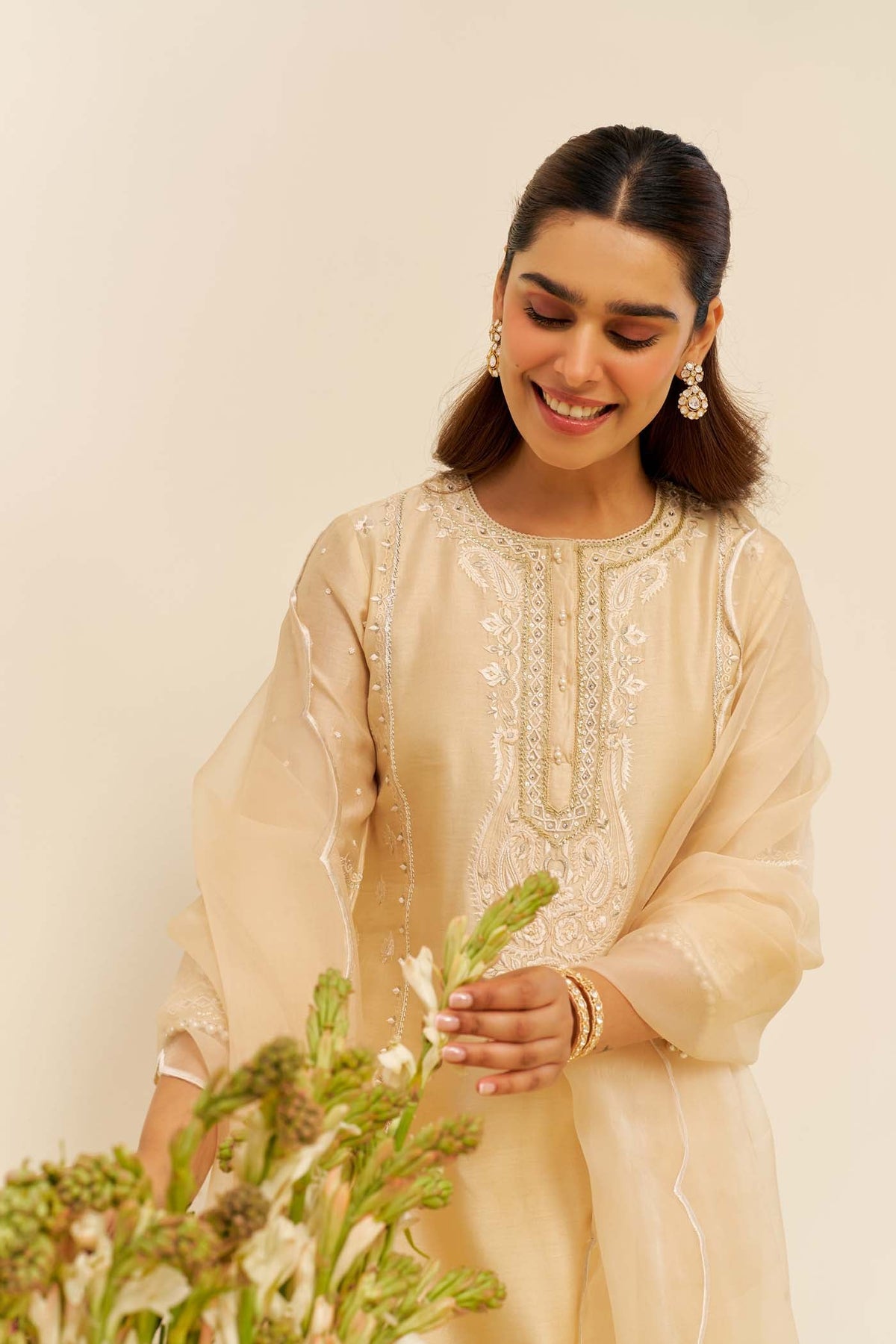 Zahra - Beige Short Kurta With Dhoti