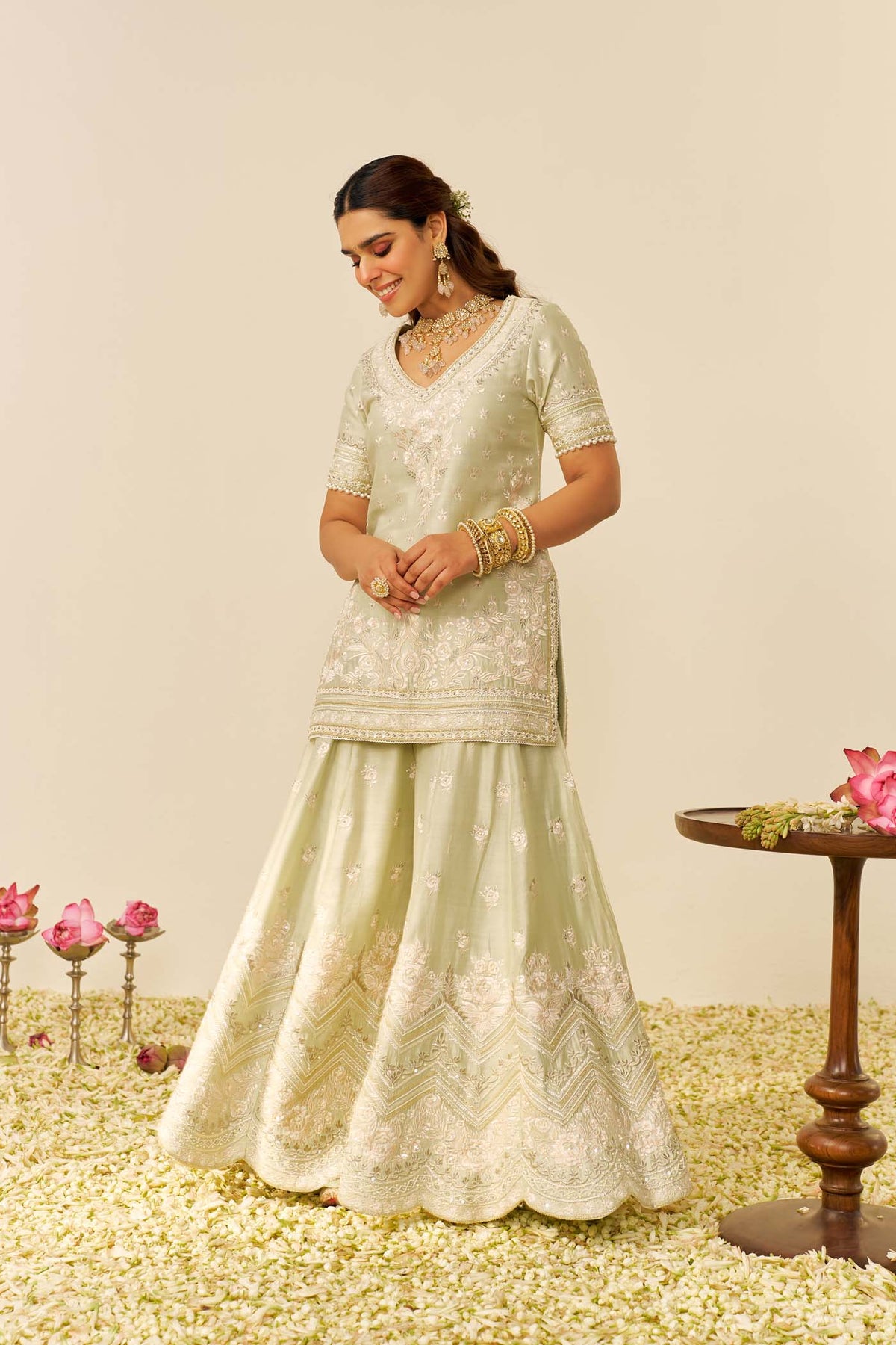 SAMEEHA - Mint Green SHORT KURTA WITH SHARARA