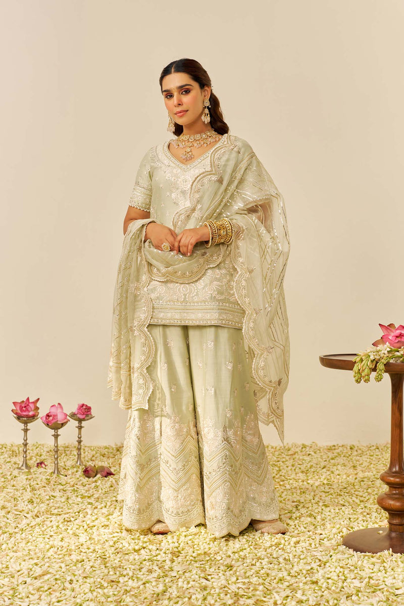 SAMEEHA - Mint Green SHORT KURTA WITH SHARARA
