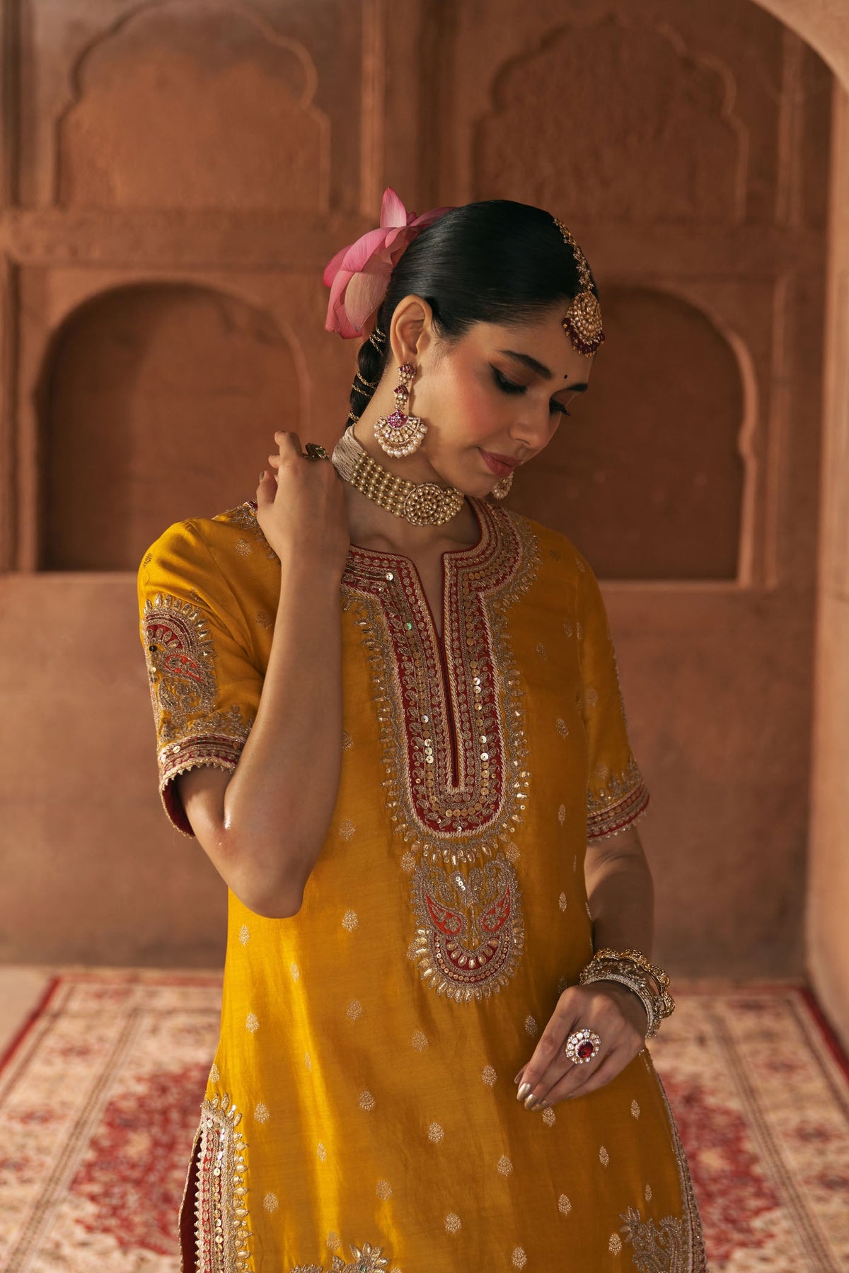 AREESHA - Heirloom Mustard SHORT KURTA WITH SHARARA AND DUPATTA