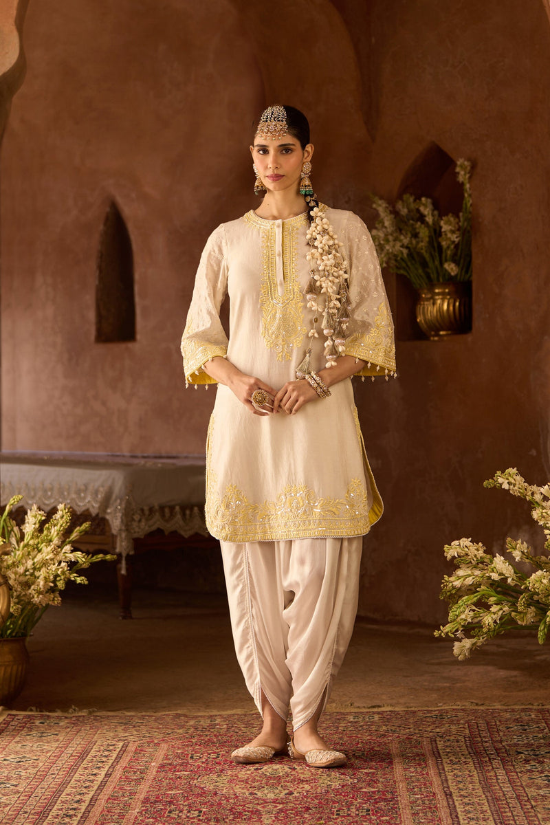 RUHI - DAISY IVORY WITH LEMON YELLOW SHORT KURTA AND DHOTI (LXRTS)