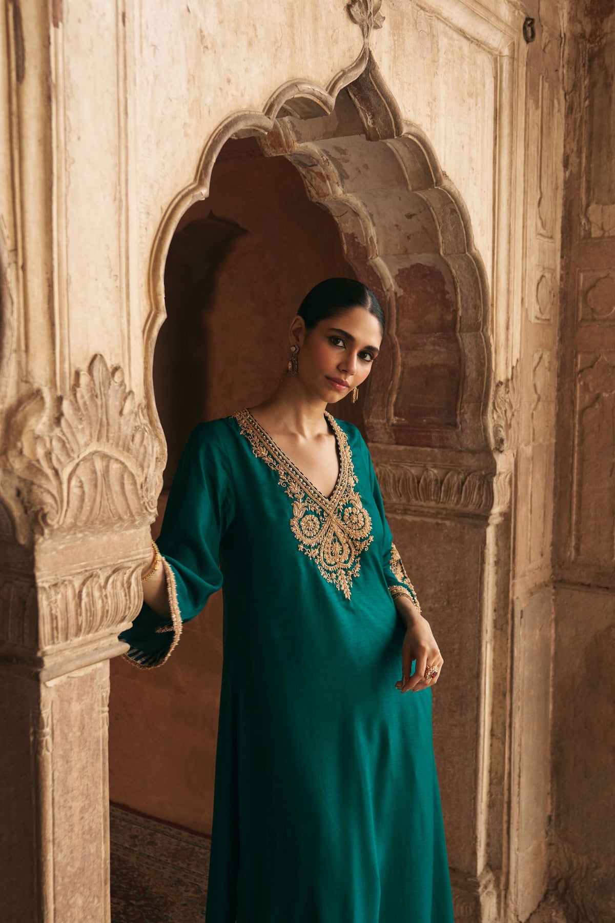 HAAYAT - EMERALD GREEN LONG KAFTAN WITH SALWAR